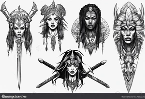 African valkyre slim face presenting sword tattoo idea