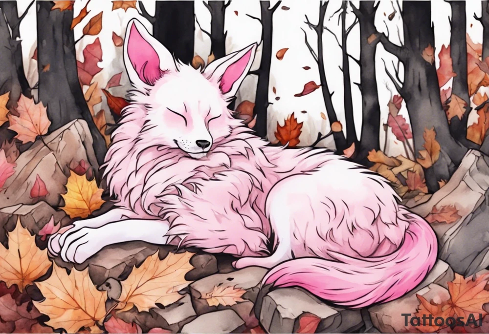 a stote with pink fur and pink ears sleeping in the autumn forest with a pile of bones tattoo idea