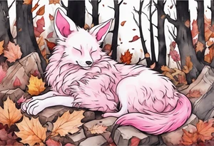a stote with pink fur and pink ears sleeping in the autumn forest with a pile of bones tattoo idea