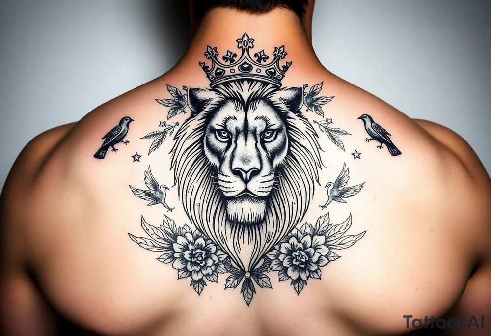 powerful majestic lion with a crown, surrounded by floral ornaments and birds tattoo idea