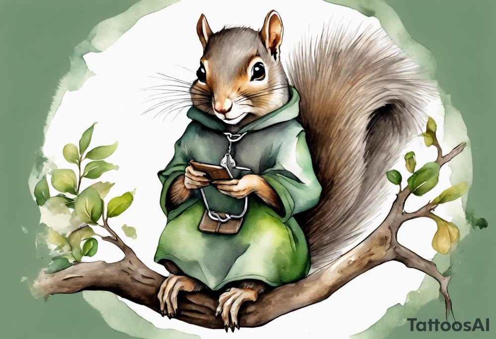 a female grey squirrel dressed in a grey and green tunic wearing a medieval messenger bag sitting on a tree branch tattoo idea