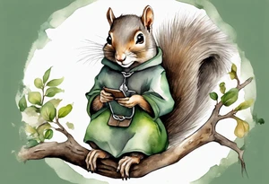 a female grey squirrel dressed in a grey and green tunic wearing a medieval messenger bag sitting on a tree branch tattoo idea