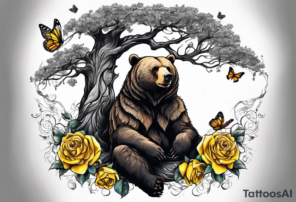 A bear sitting under the tree of life with three yellow roses, and three butterflies tattoo idea