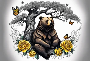 A bear sitting under the tree of life with three yellow roses, and three butterflies tattoo idea
