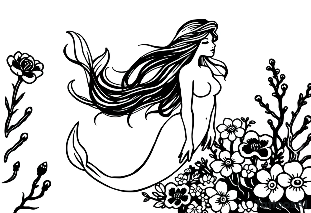 ethereal mermaid with flowing hair among coral and sea flowers weird tattoo idea