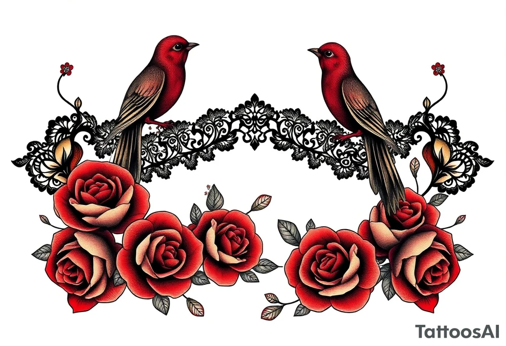 Vintage black lace, red roses, red birds, vintage, wrap around, tighter together, no space open tattoo idea