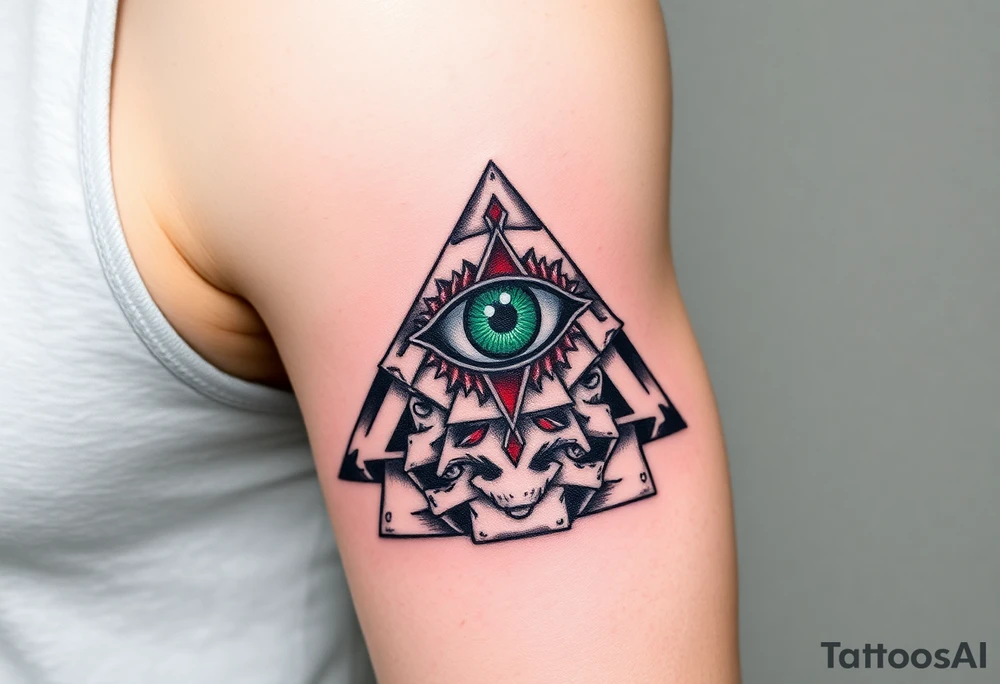 A Pyramid with an All-Seeing Green Eye at the Top (only red , blue and black are possible colors) tattoo idea