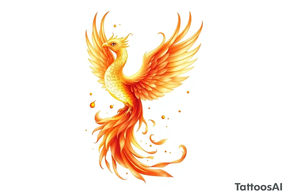 magnificent phoenix rising from golden flames with trailing embers tattoo idea