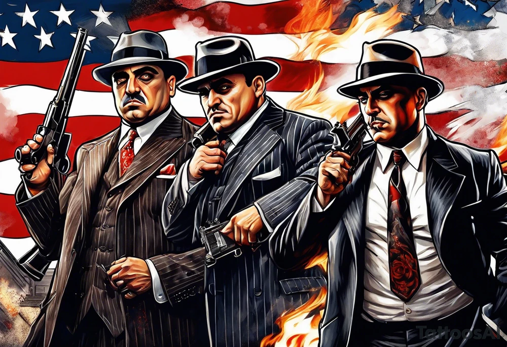 capone style gangsters battling with machine guns against a dark flame background 
american flag and sexy women tattoo idea