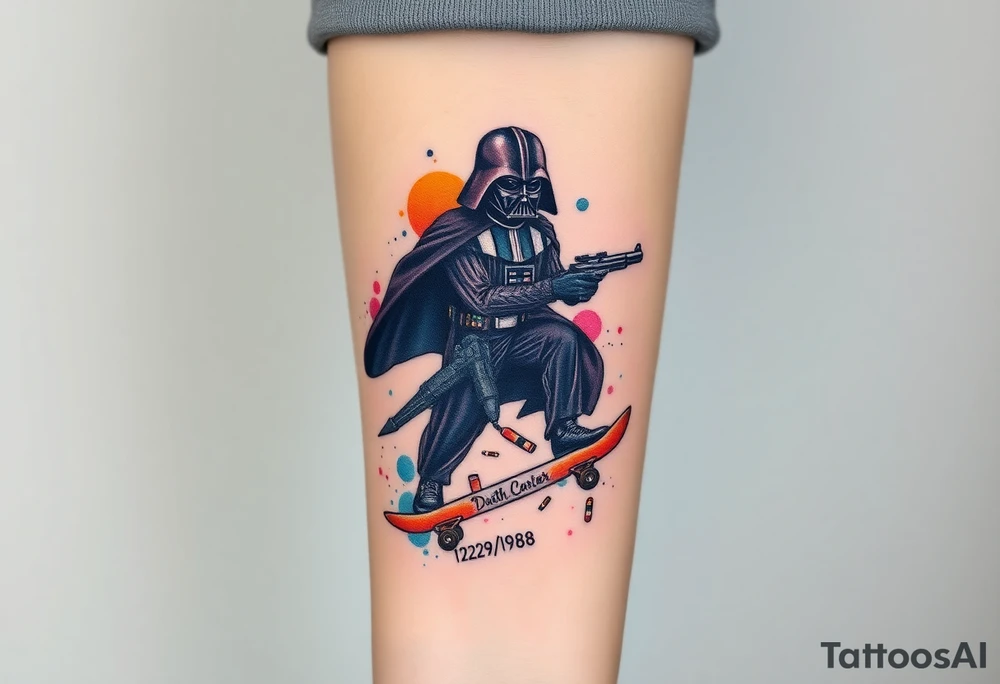 Darth Vader skateboarding with gun> bullets > memorial > god > colors > futuristic/space/starwars
add name "Darth Carter" on skateboard
add date 12/29/88-01/06/24 tattoo idea