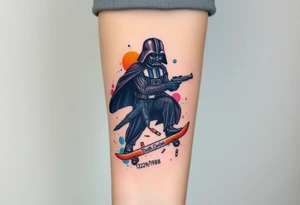 Darth Vader skateboarding with gun> bullets > memorial > god > colors > futuristic/space/starwars
add name "Darth Carter" on skateboard
add date 12/29/88-01/06/24 tattoo idea