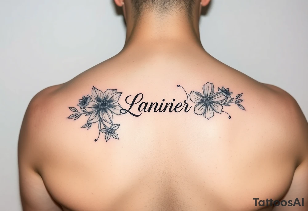 Birth flowers for the month of January February March May, June, July, August, November, and the name Lanier in cursive between the flowers on forearm sleeve tattoo idea