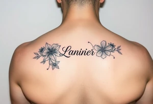 Birth flowers for the month of January February March May, June, July, August, November, and the name Lanier in cursive between the flowers on forearm sleeve tattoo idea