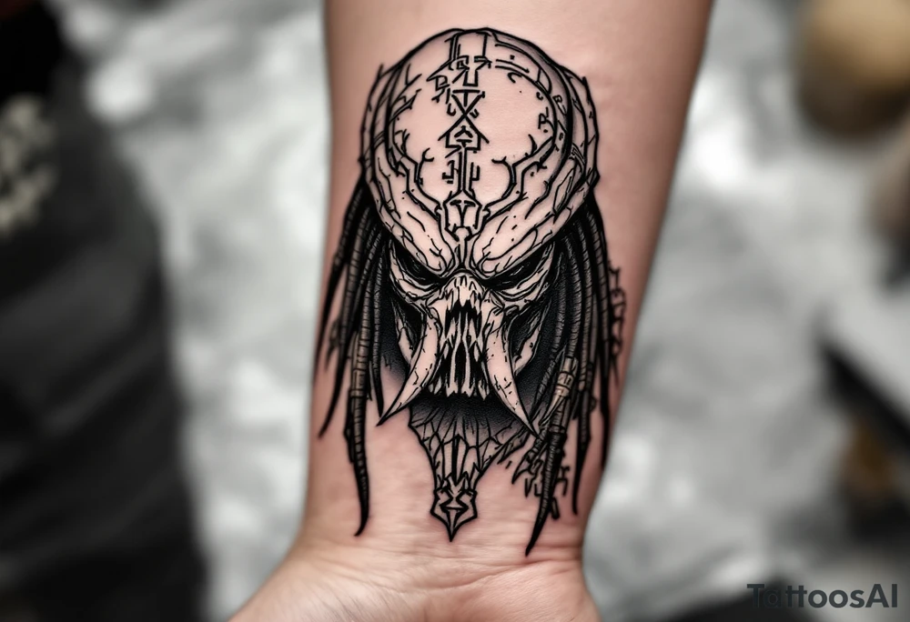 Titan Predator – A genetically superior, prehistoric Yautja, standing 14 feet tall, with thick, rock-like hide, primitive, rune-covered weapons, and a bio-mask carved from the skull of an ancient beast. tattoo idea