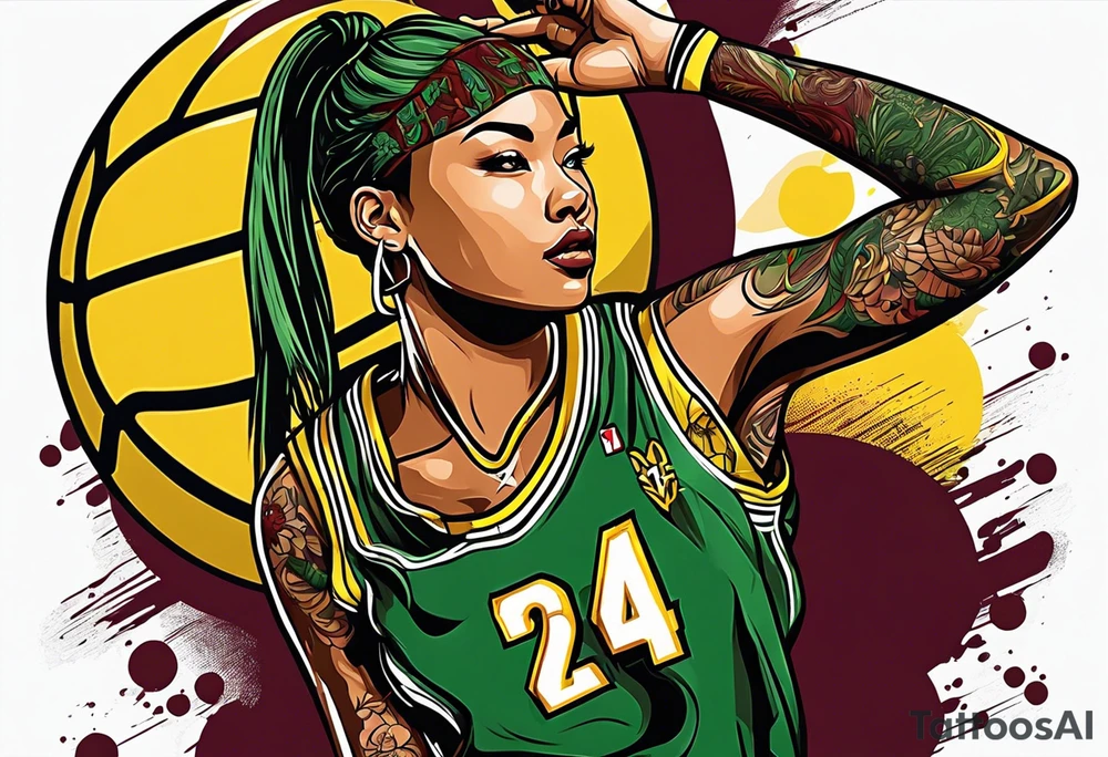 female basketball player number 24 with colors green, yellow, maroon and black tattoo idea
