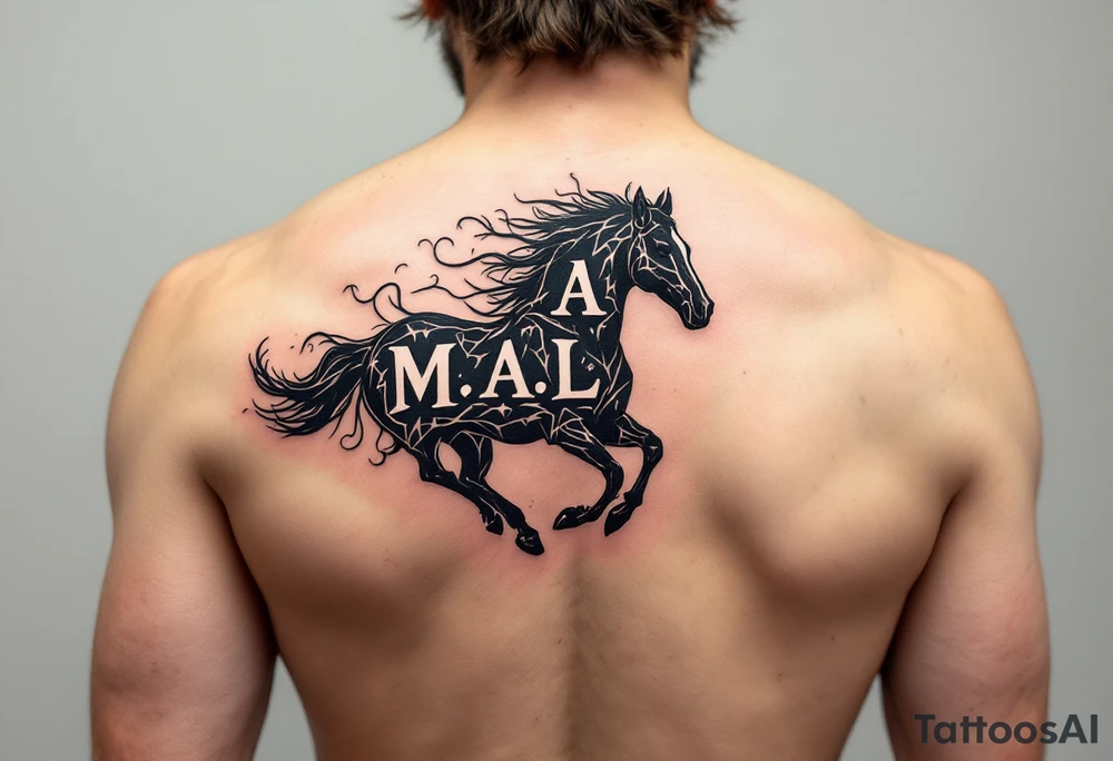 horse silhouette 
from the front which gallops towards us, with the 3 integrated letters: M, A, L tattoo idea