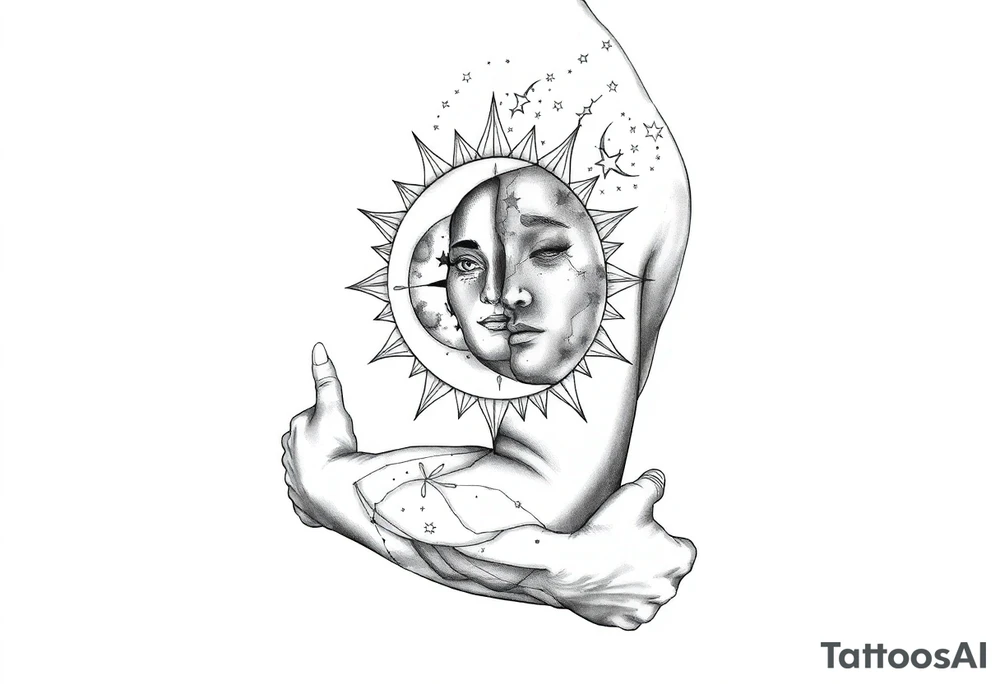 celestial sun and moon embrace with constellation patterns tattoo idea