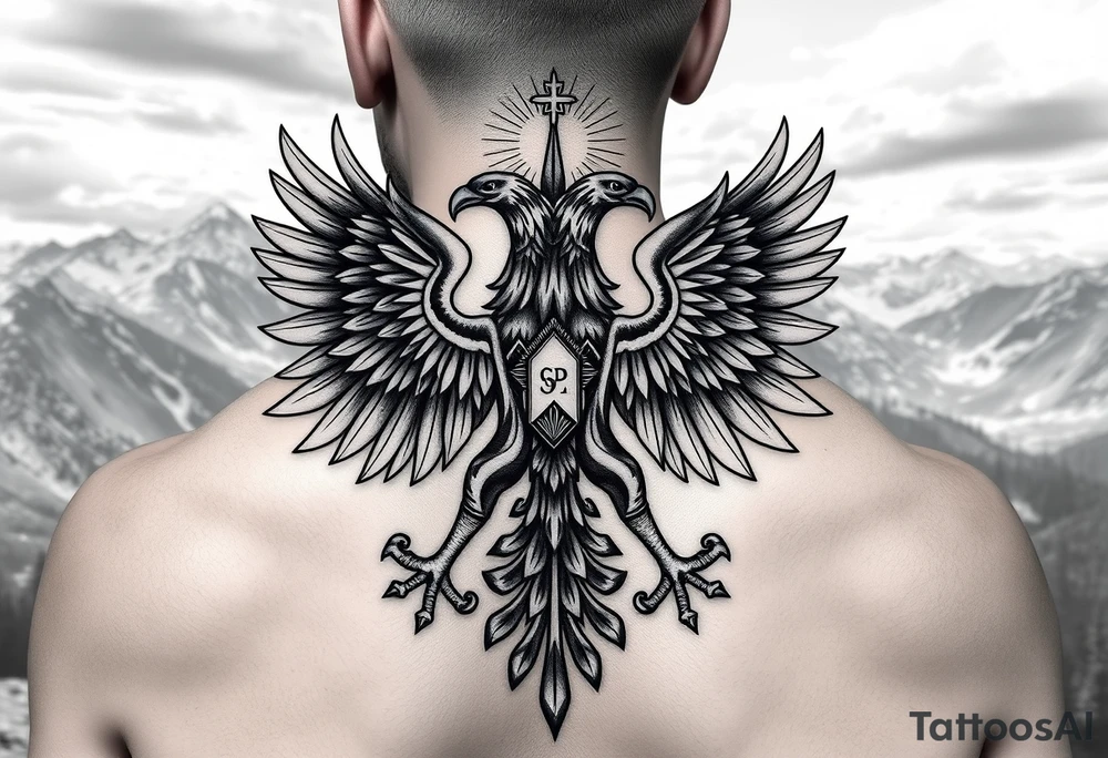 i am looking at getting a russian / serbian style double headed eagle like the coat of arms spread out on my back neck across my shoulders / traps in a orthodox christian church style setting with a sun beaming and in a mountainous setting, such as a Sovereign of the Mountain and an orthodox church in the background with the spire of the church being visible on my neck tattoo idea