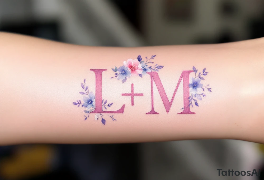 Watercolor Floral Monogram – Soft pastel pink and lavender letters “L + M” with watercolor-style flower accents blooming from the initials. tattoo idea