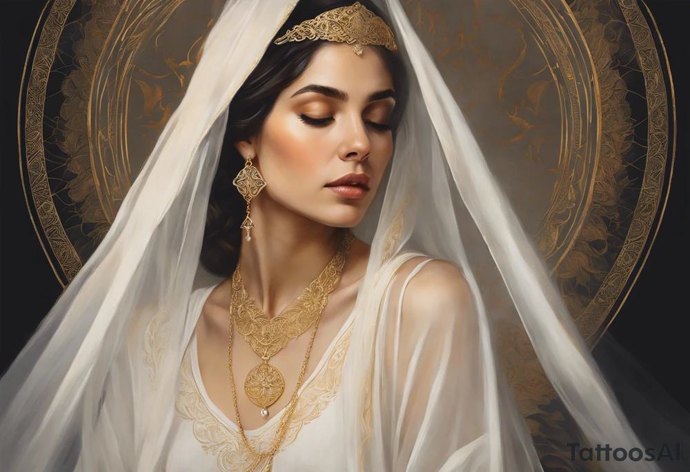A serene and elegant portrait of a woman with a calm and angelic expression, wearing a delicate white veil, gold jewelry with intricate designs, and a pendant with a religious icon. The lighting is soft and warm, creating a painterly and ethereal effect, reminiscent of classical art holding a lamp in her hand tattoo idea