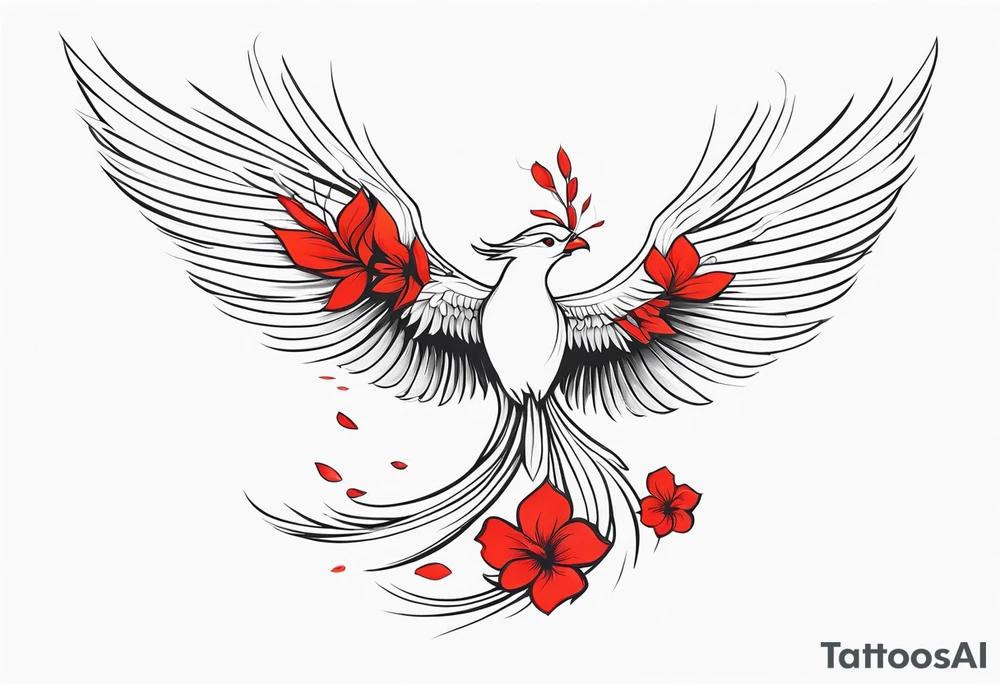 elongated phoenix in flight
in profile long tail with claws holding red flowers falling tattoo idea