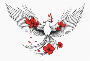 elongated phoenix in flight 
in profile long tail with claws holding red flowers falling tattoo idea