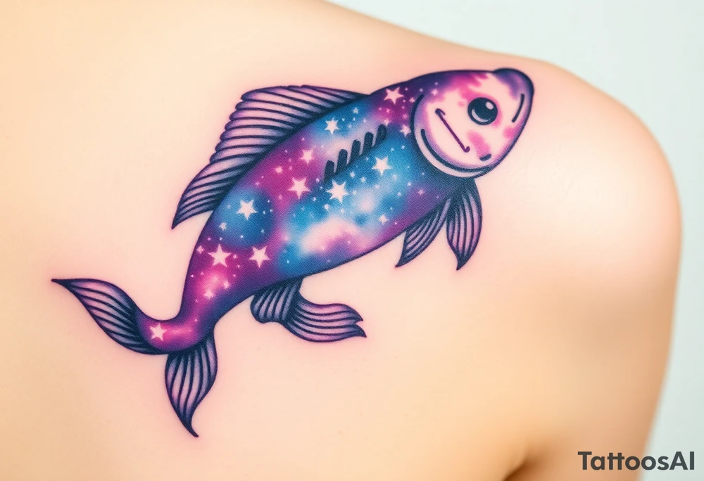 A carp silhouette filled with a galaxy pattern, incorporating deep purples, blues, and twinkling white stars. tattoo idea