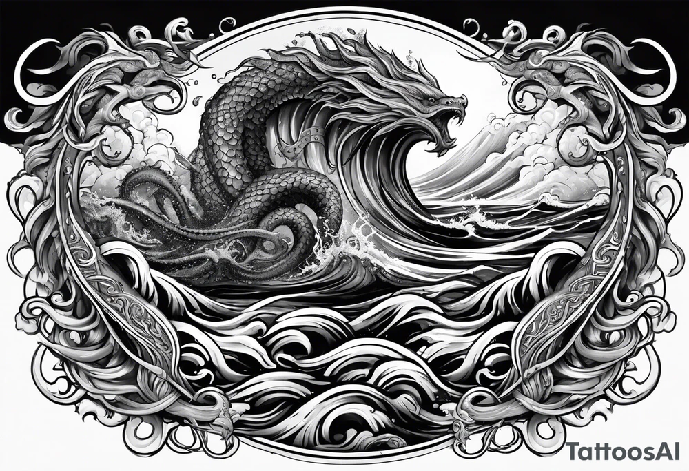 Kraken wrapping tentacles Poseidon thrusting trident stormy sea tattoo idea