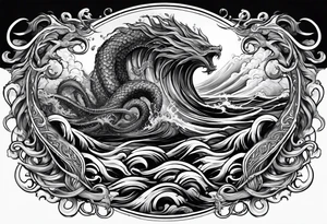 Kraken wrapping tentacles Poseidon thrusting trident stormy sea tattoo idea