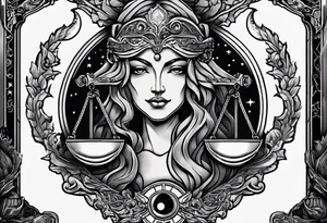 Themis holding the scales of justice while blindfolded with a moon in the background in color tattoo idea