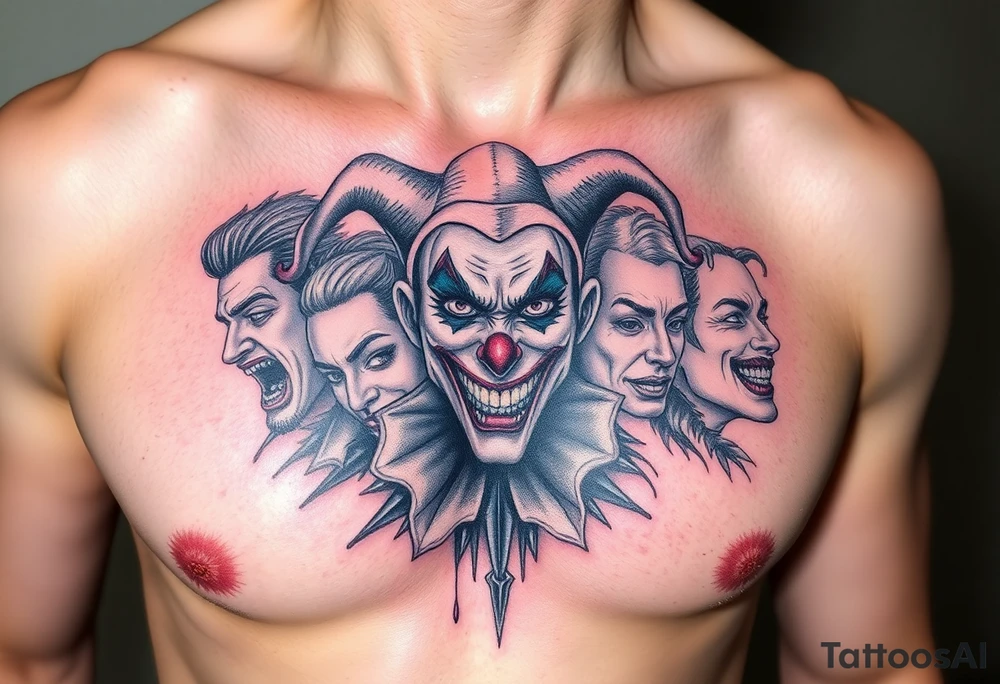jester collage of emotions tattoo idea