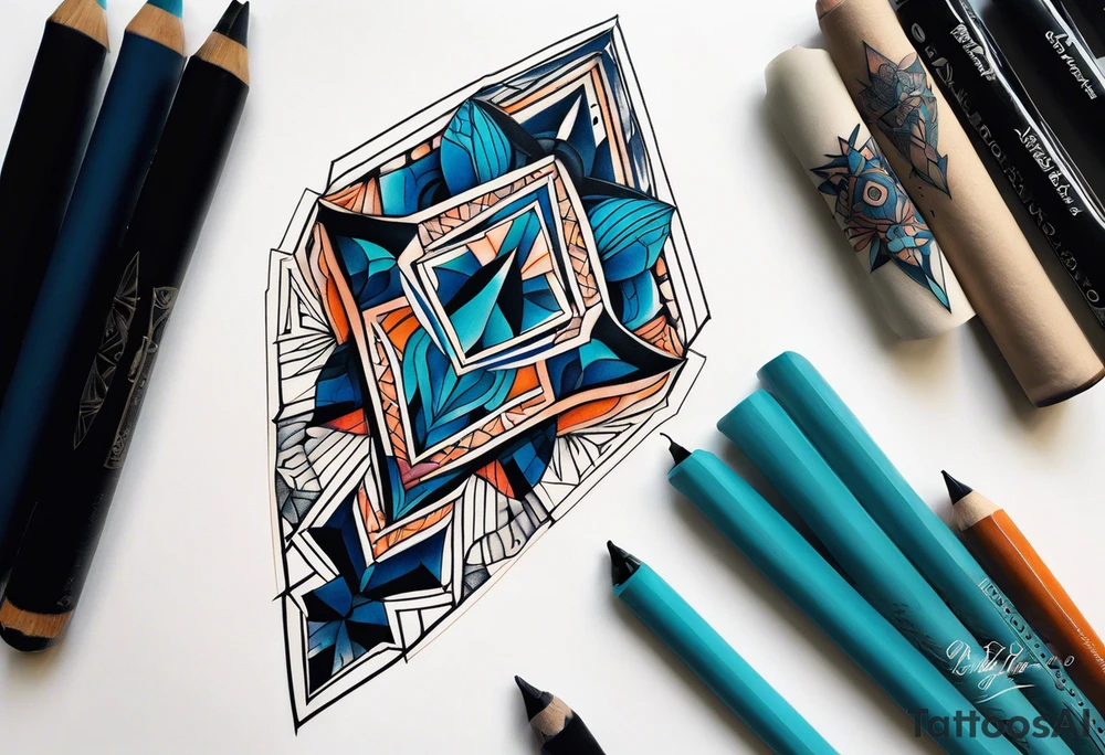 semi Detailed neo traditional knee tattoo flat on paper. The tattoo features geometric patterns and bold lines, creating a visually striking design with slight tints of deep fall colors. The background 
outside the tattoo features deep blues washes and water swirls tattoo idea