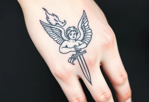 Cherub with flaming sword hand tattoo tattoo idea