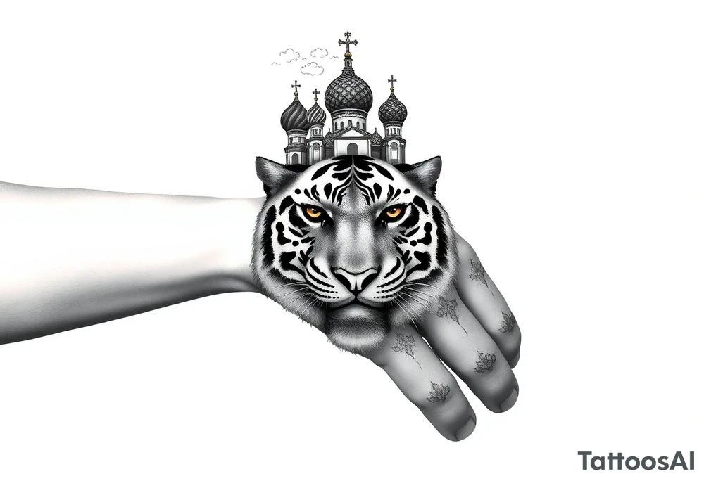 Realistic tiger face on the back of the hand with strong contrast and fine detail with hollow black eyes. with a highly detailed Russian Orthodox cathedral sitting above on fore arm with onion domes and orthodox crosses, done in fine line, engraving-like style. Cohesive composition, black ink only, no color, high contrast, slightly aged, documentary-style, plain light background. with clouds above and a virgin mary tattoo idea