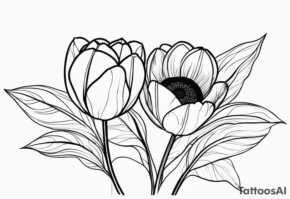 two tulips either side with a sunflower in the middle with some leaves and surrounded by some small dots tattoo idea