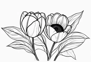 two tulips either side with a sunflower in the middle with some leaves and surrounded by some small dots tattoo idea