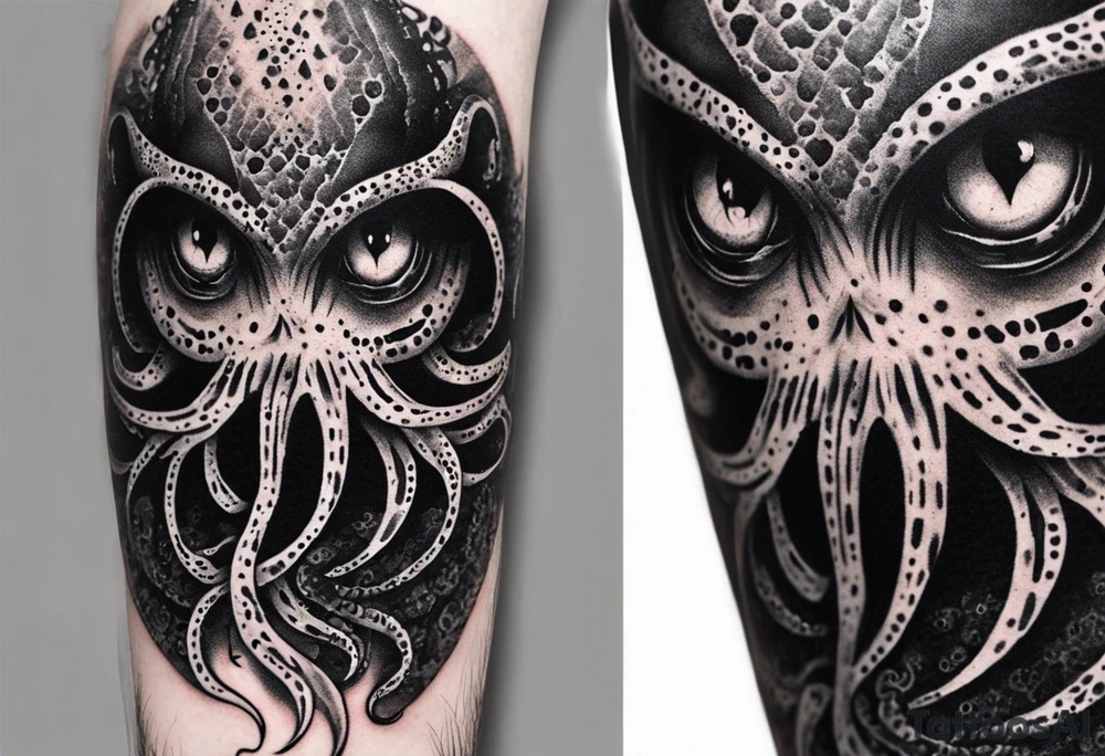 The equivalent of a horror and bizarre squid avatar. twisting and intersecting lines, making it look very wild and chaotic. The eyes of the squid are particularly prominent, one of them is white and the other is black, the overall expression is crazy and intense, with some distressed or damaged texture effects.

Able to change the color of the body and hide in the black sea tattoo idea