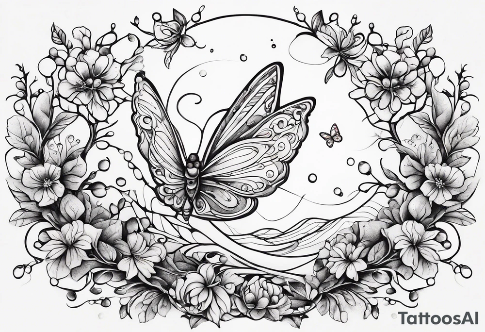 Winding branches and leaves and tiny flowers with a small moth and bubbles tattoo idea