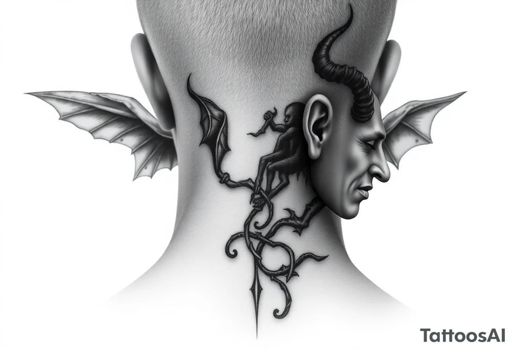 position behind the neck Angel (on the right) whispering in the right ear, demon (on the left) whispering in the left ear. It must be as realistic as possible. tattoo idea