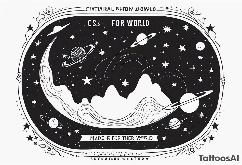 A space themed tattoo featuring other worldly celestial bodies, stars and galaxies, incorporating the quote from C.S. Lewis, "Made for another world" tattoo idea