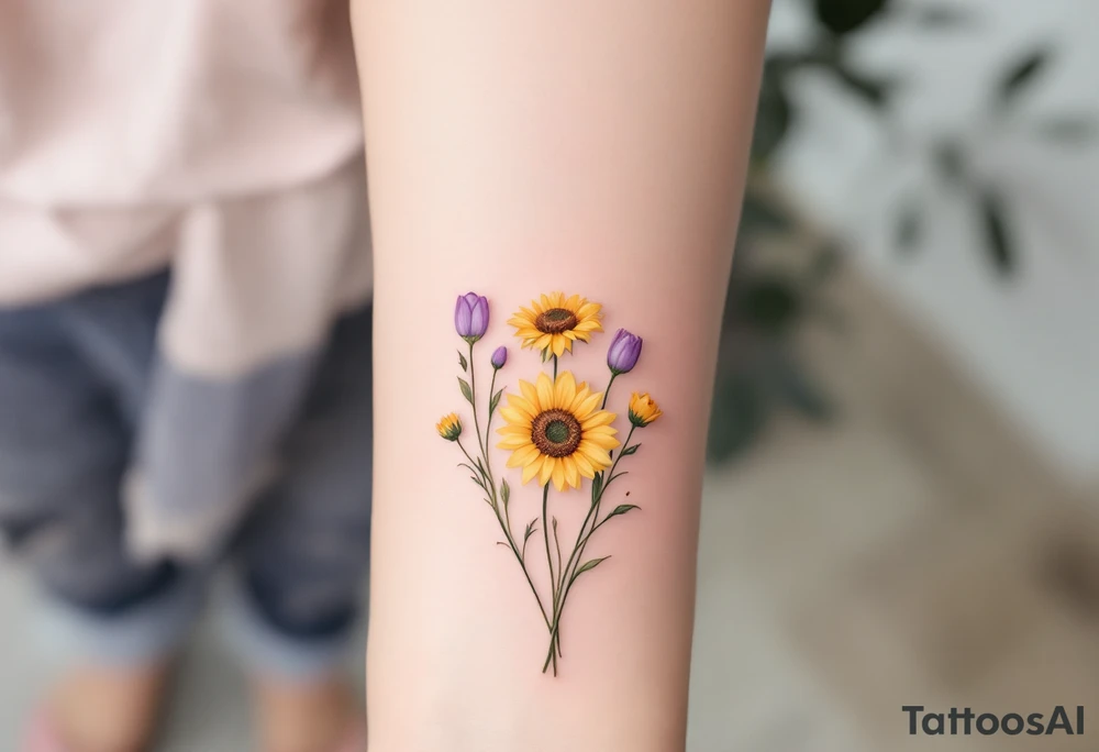 small yellow sunflowers and sunflower buds and pale purple tulip buds in a dainty wildflower bouquet with light green stems. Low detail. tattoo idea