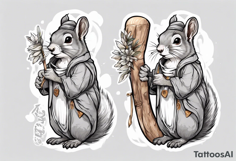 a grey squirrel dressed in a tunic holding a large white stick tattoo idea