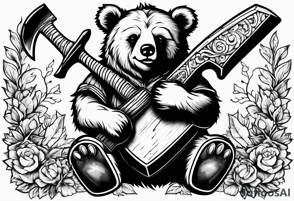 Vertically split half teddy bear and half grizzly bear holding a wood axe tattoo idea