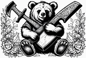 Vertically split half teddy bear and half grizzly bear holding a wood axe tattoo idea
