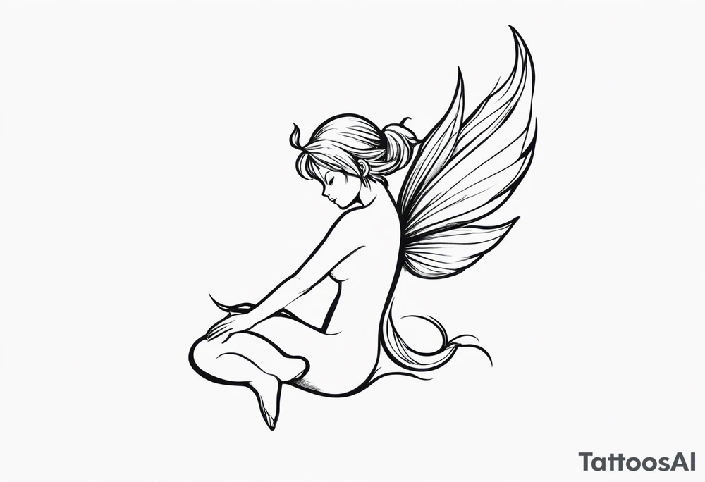 Minimalistic, monochromatic fairy with a tail flying to the left in a fetal position, leaning and looking in the same direction, with visible hands, embodying the 'Fairy Tail' logo aesthetic. tattoo idea