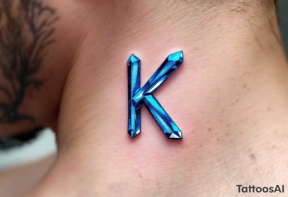 Crystal-style K with faceted edges in shimmering icy blue, giving a gem-like 3D effect. tattoo idea