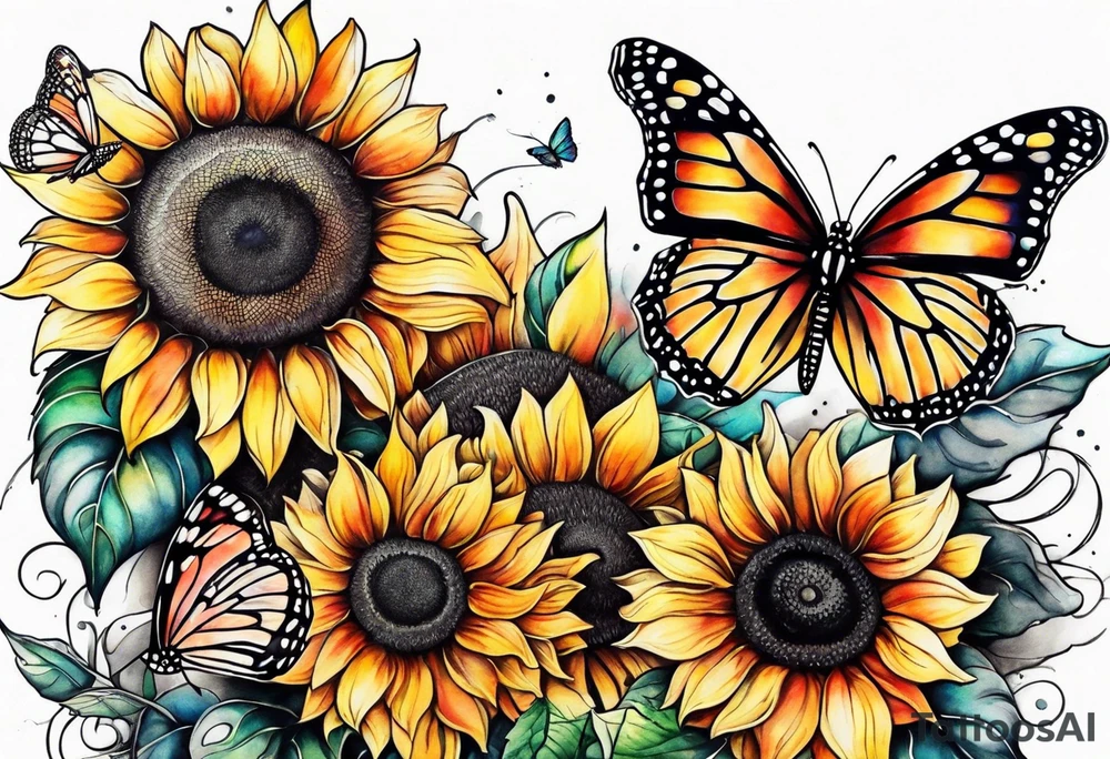 Multi color sunflowers with a butterfly and cross arm sleeve tattoo idea