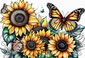 Multi color sunflowers with a butterfly and cross arm sleeve tattoo idea