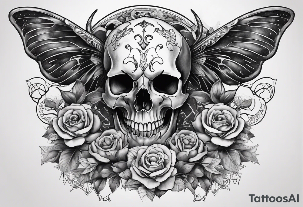 Full body torso tattoo, taurus skull with curved horns on the chest, ripping bone and skin on the shoulders and chest area, rib cage skeleton, skull moth on the stomach with a small skull underneath tattoo idea