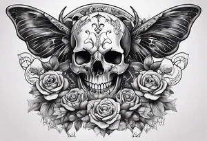 Full body torso tattoo, taurus skull with curved horns on the chest, ripping bone and skin on the shoulders and chest area, rib cage skeleton, skull moth on the stomach with a small skull underneath tattoo idea